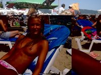 Exhibitionist babe plays in the water and sand