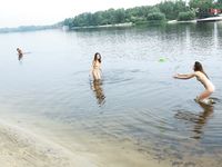 Having joy posing on public strand