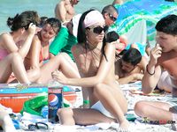 Beautiful, slim nudist babes filmed at the beach on a voyeur camera