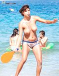 Bright Summer Paddleball for a Topless Woman by the Ocean