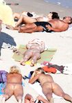 White Head Wrap and Striped Towels on a Sandy Nude Sunbathing Scene