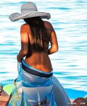topless woman resting near sea